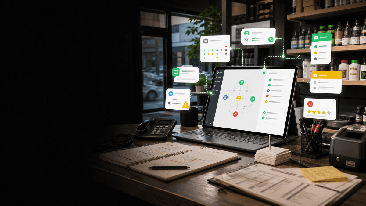 Local business desk with AI automation workflow overlays